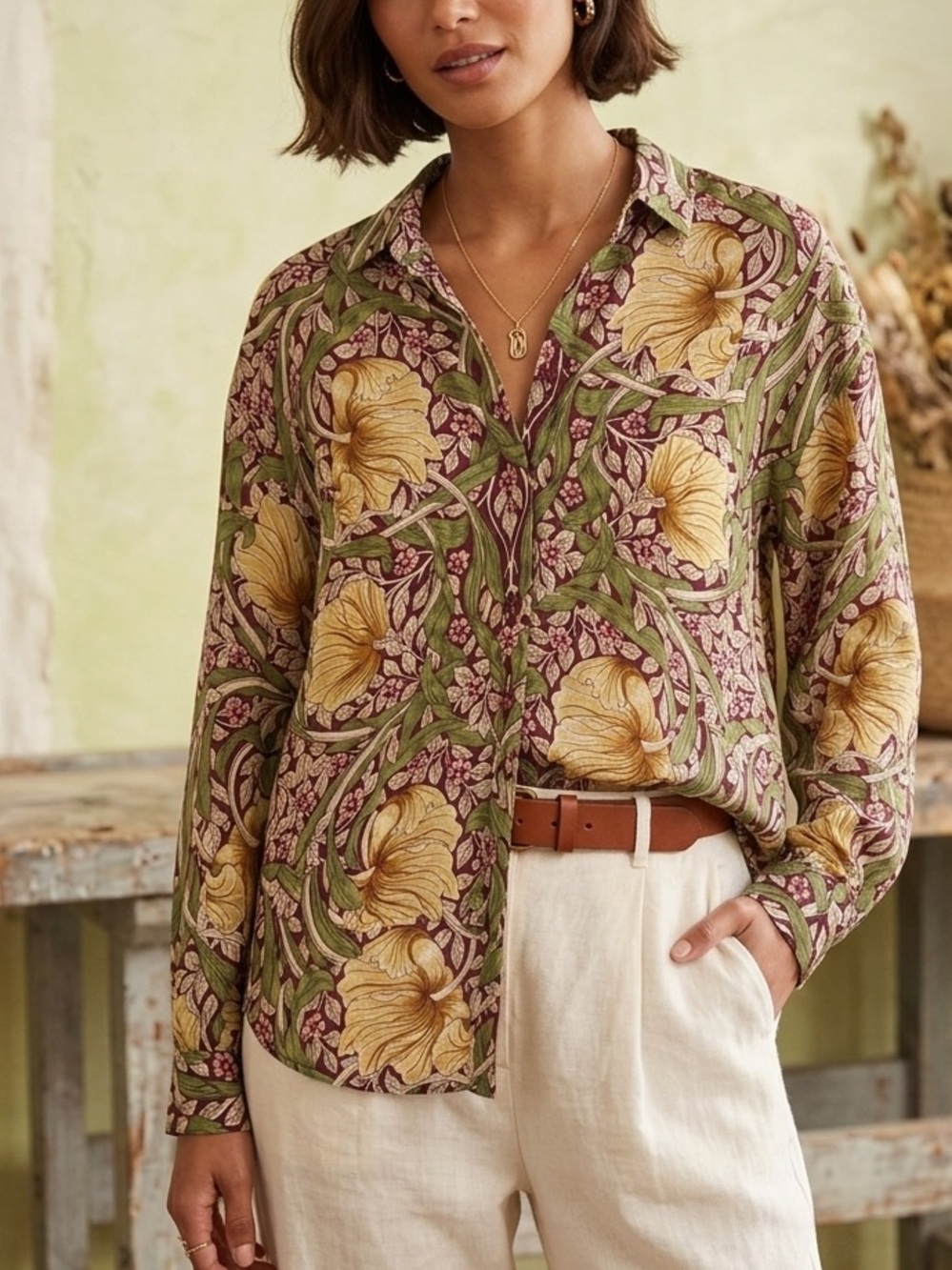 Women's Floral vintage Blouse in Yellow & Olive Morris & Co L H&M pattern boho